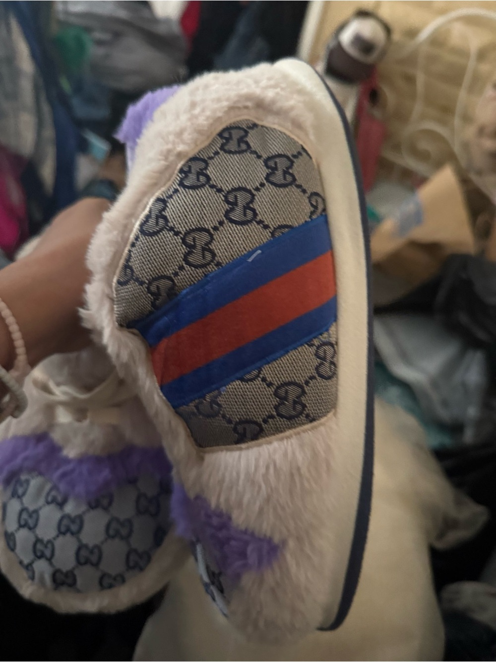 Kids Plush Slip-On Sneakers in Purple and White - Designer-Inspired